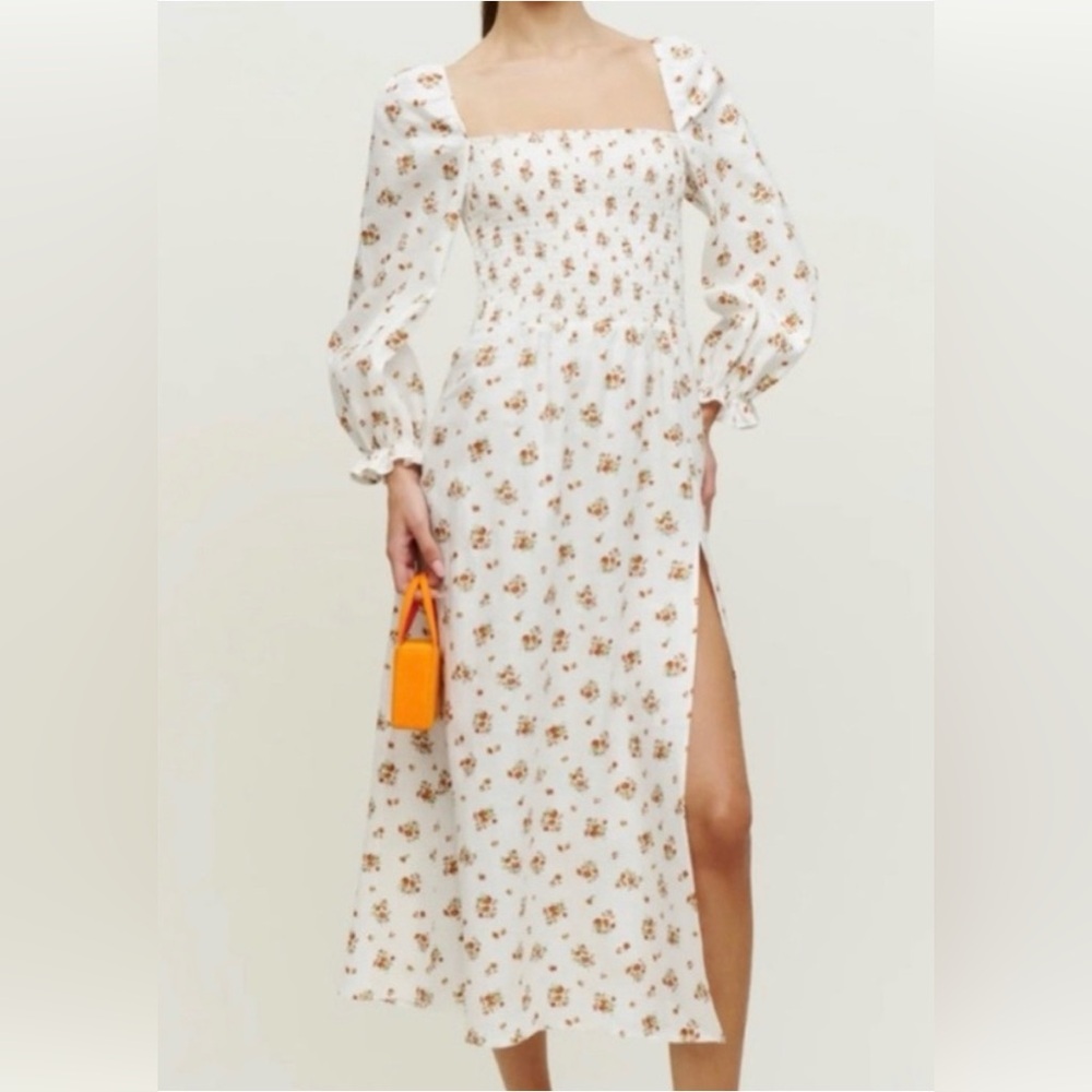Reformation Gitane White Linen Midi Dress Floral Print and Puff Sleeves XS EUC